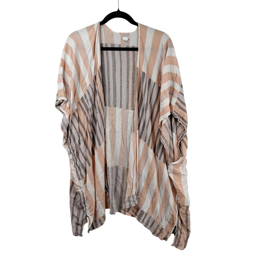 Aerie Striped Kimono Wrap OS Peach Grey Cream Open‎ Front Beach Coverup Viscose